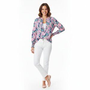 Lilly Pulitzer Shirt Top Small Split Neck Popover Pink Print Smocked Cuff Linen